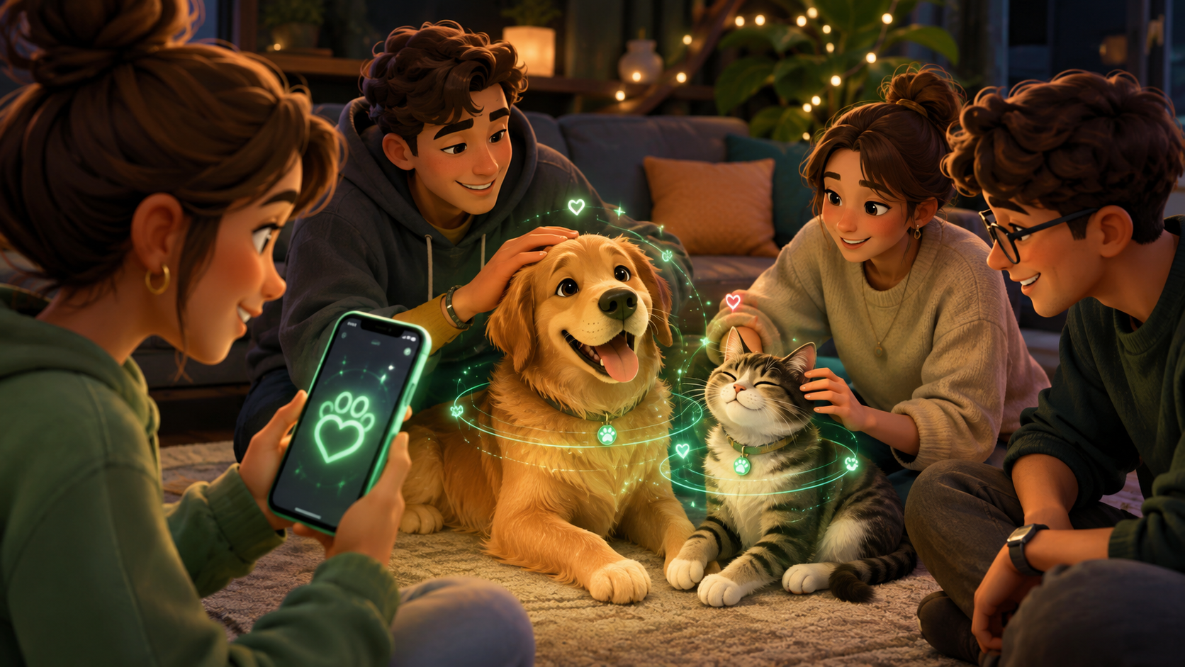 Friends smiling while gently scanning a happy cat and dog with soft pet-scan effects